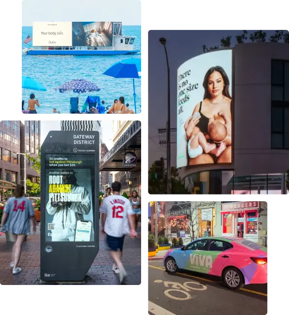Collage of Onescreen OOH placements on cars, billboards, and others.
